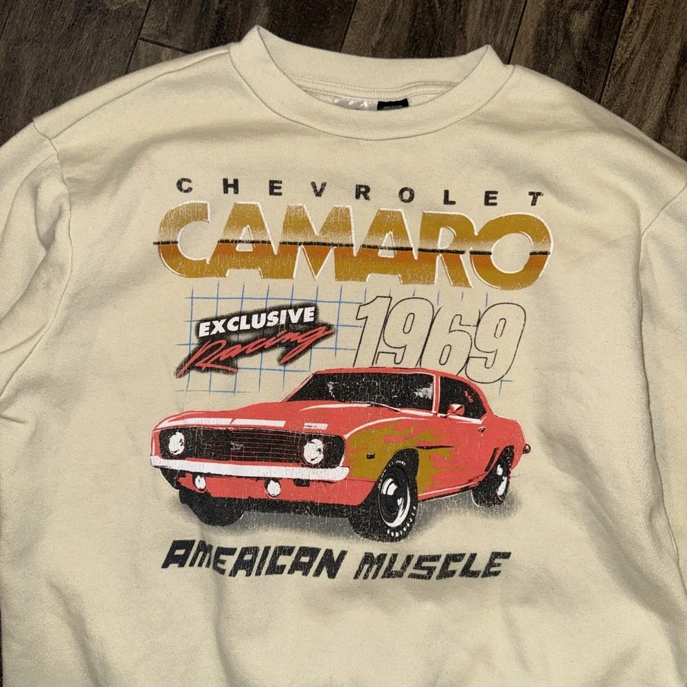 Chevorlet Camaro‎ Creme Crew Neck Pullover Sweater Graphic Print GM Men's Size S